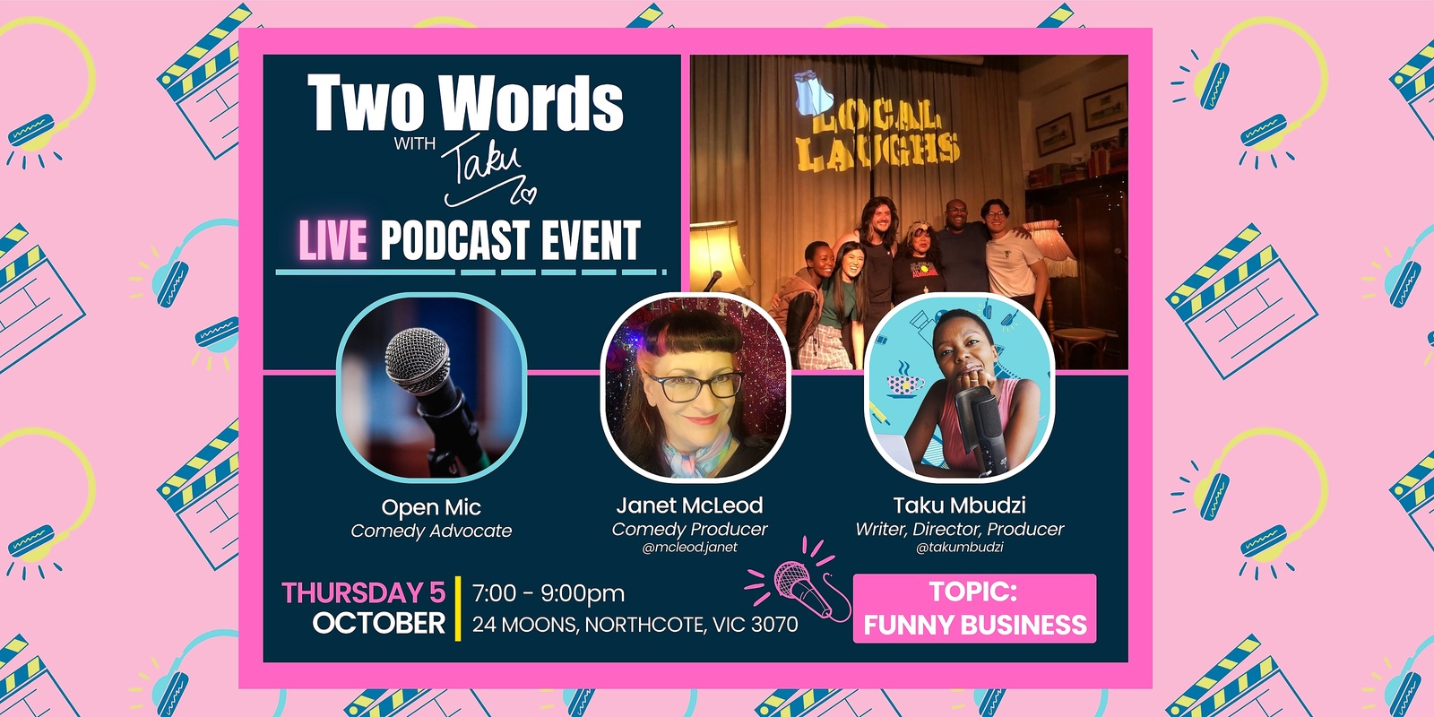 Banner image for Two Words with Taku: Funny Business (Podcast Recording and Comedy Open Mic)