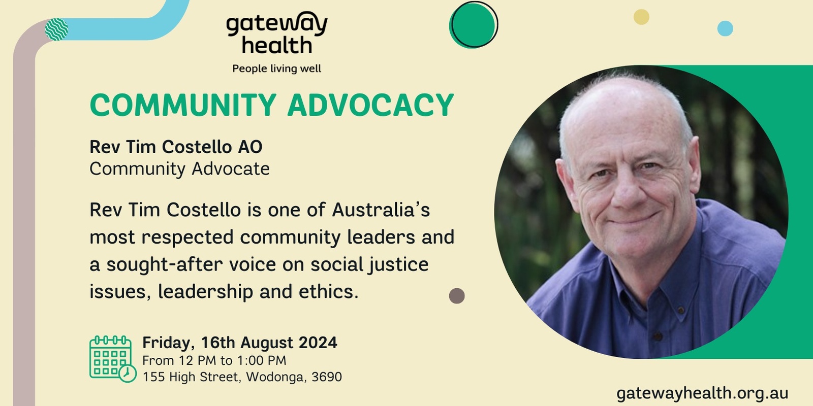 Banner image for Wodonga Community Advocacy with Rev Tim Costello AO