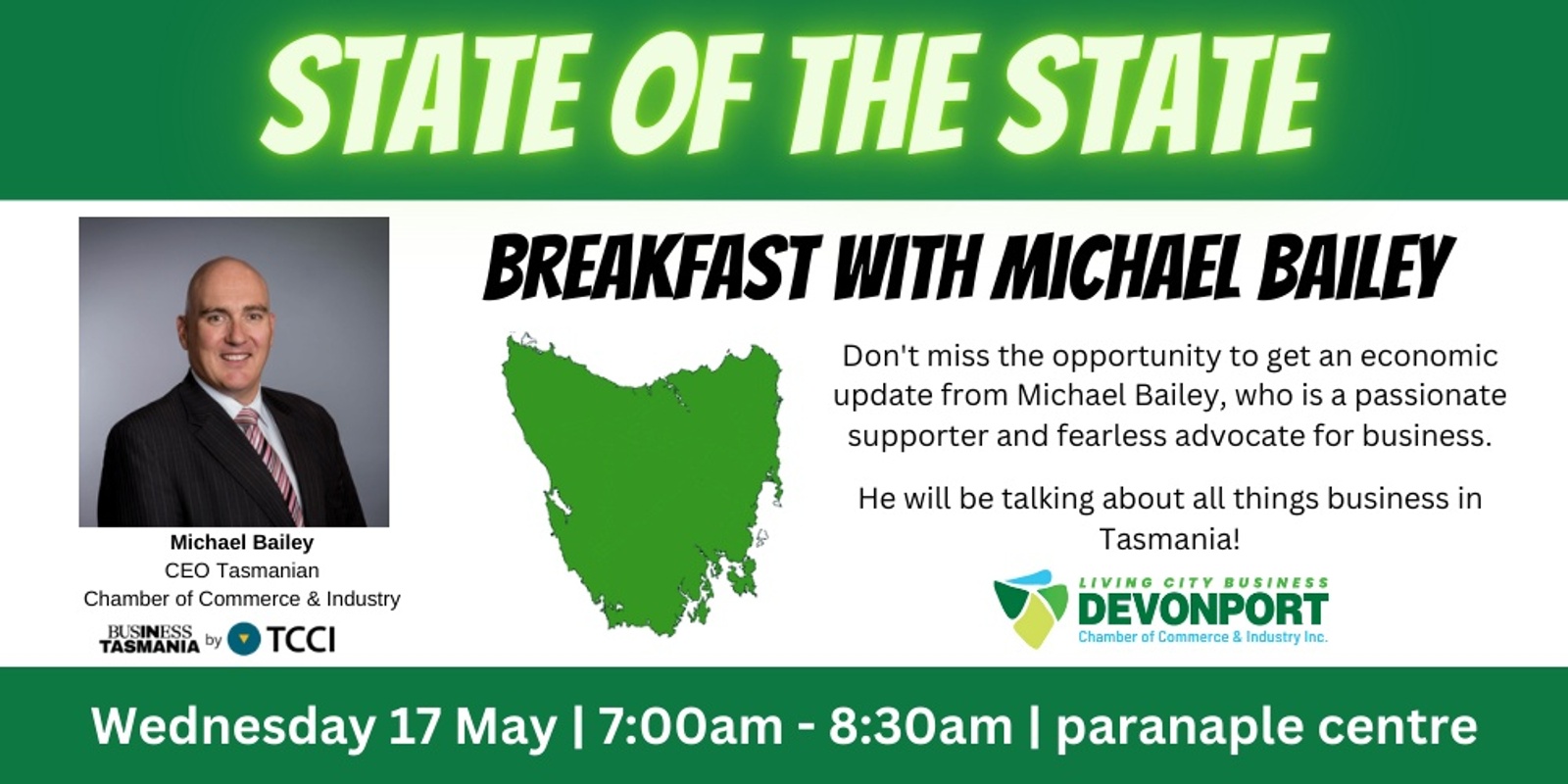 Banner image for 💥 State of the State Breakfast | Speaker - Michael Bailey - TCCI