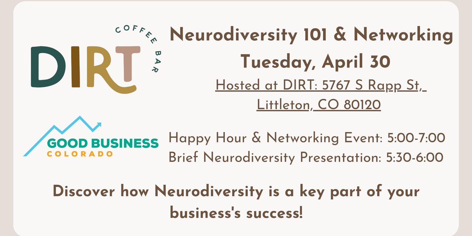 Banner image for Neurodiversity 101 & Networking with DIRT Coffee & Good Business Colorado