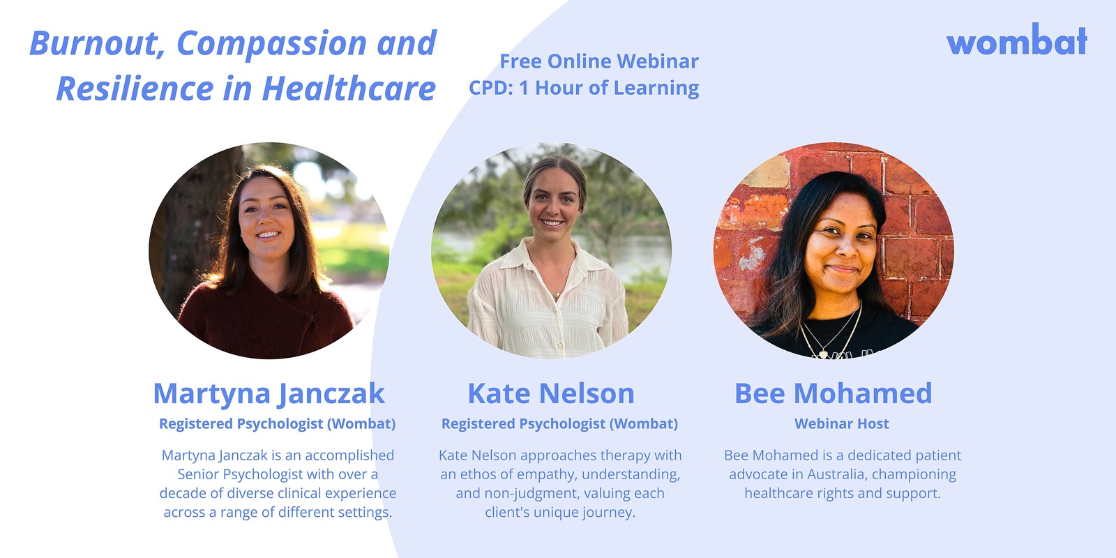 Banner image for FREE WEBINAR: Burnout, Compassion and Resilience in Healthcare (CPD: 1 hour) - Speakers Martyna Janczak & Kate Nelson