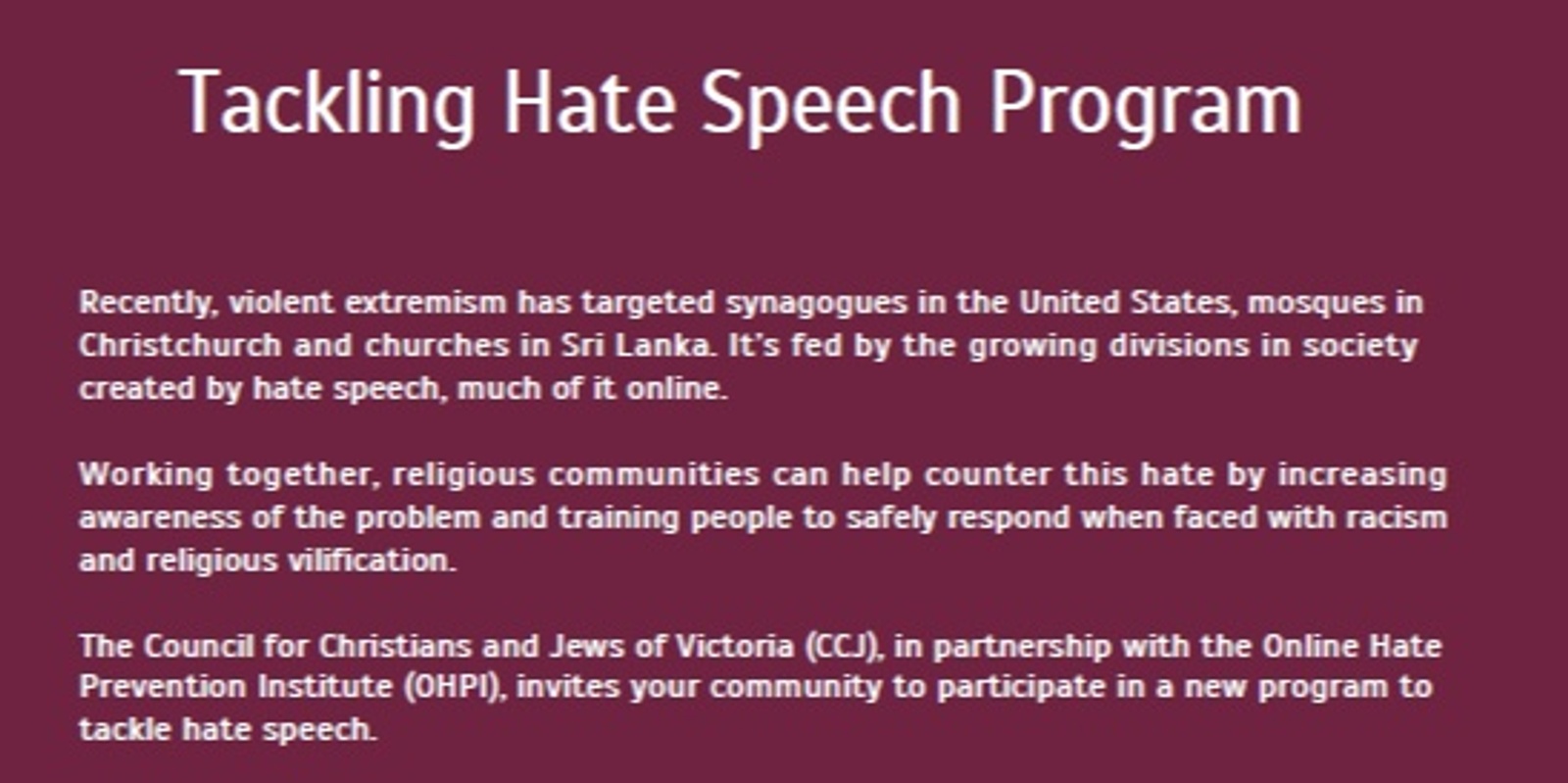 Banner image for Tackling Hate Speech - Community Representative Training