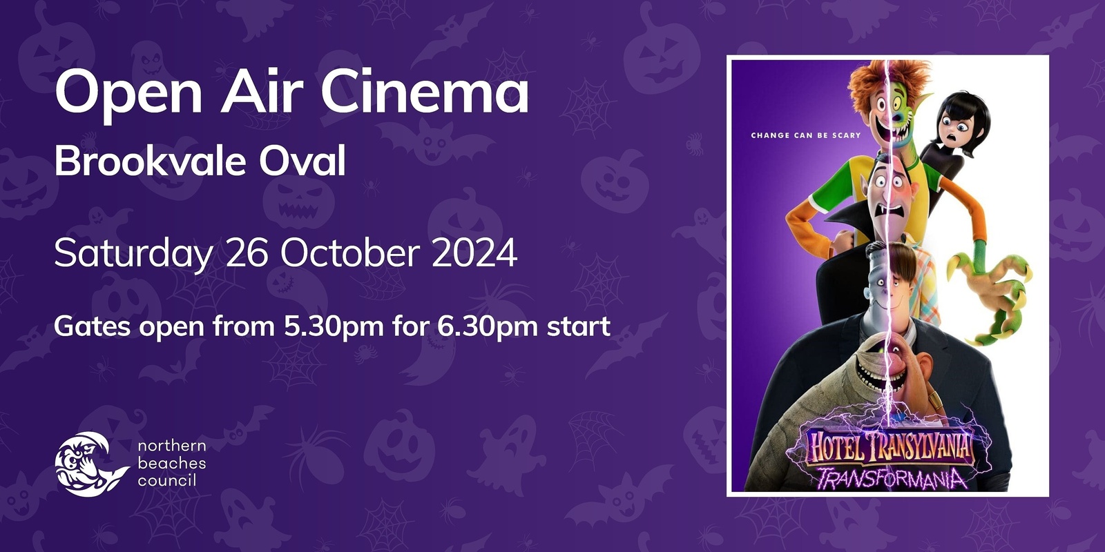 Banner image for Open Air Cinema, Brookvale - Saturday 26 October 2024 - Hotel Transylvania: Transformania