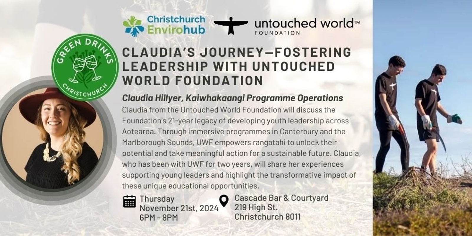 Banner image for Green Drinks: Claudia’s Journey—Fostering Leadership with Untouched World Foundation