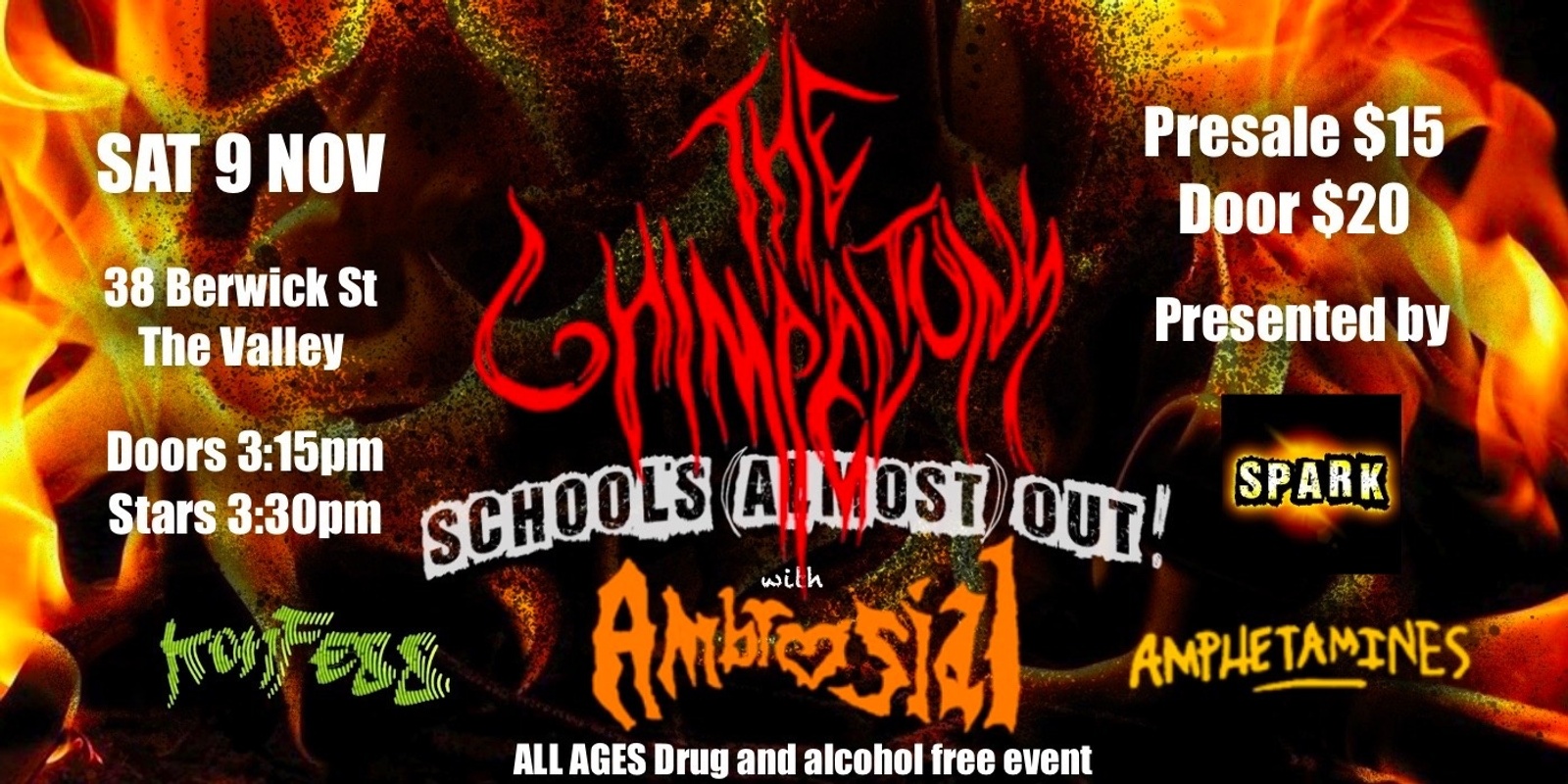 Banner image for SPARK presents: School’s (almost) out! with The Chimpeltons, Ambrosial, Konfess and Amphetamines