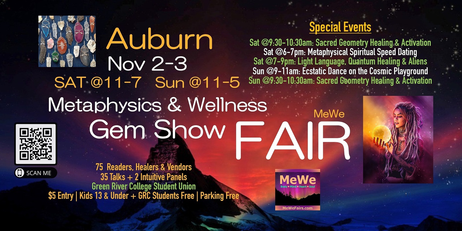 Banner image for Metaphysics & Wellness MeWe Fair + Gem Show in Auburn 70 Booths, 25 Talks, 11/2-3/24