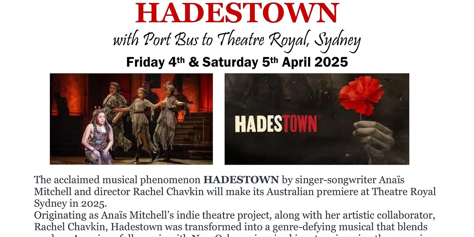 Banner image for Dive into Myth and Music: HADESTOWN Sydney Escape with Port Bus!