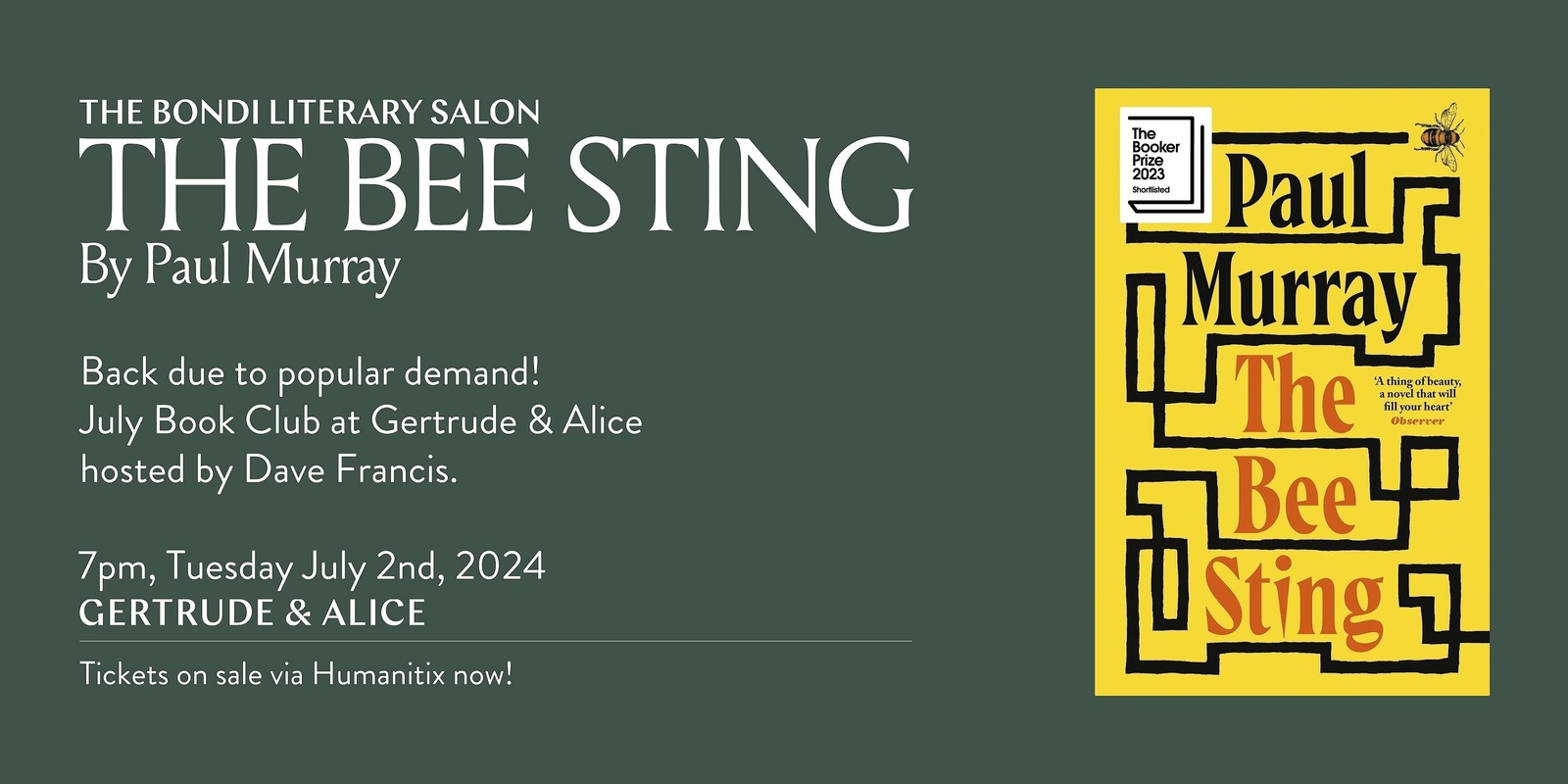 Banner image for Bondi Literary Salon July Book Club: The Bee Sting by Paul Murray 