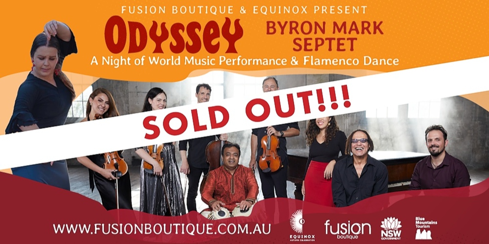 Banner image for SOLD OUT- Equinox & Fusion Boutique Present ODYSSEY - BYRON MARK SEPTET: A World Music Performance Flamenco Night at the Palais Royale Ballroom, Katoomba, Blue Mountains