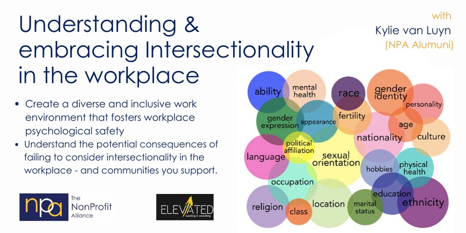 Banner image for NPA Keynote Series - MAY 2023 - Understanding and embracing Intersectionality in the workplace with Kylie van Luyn