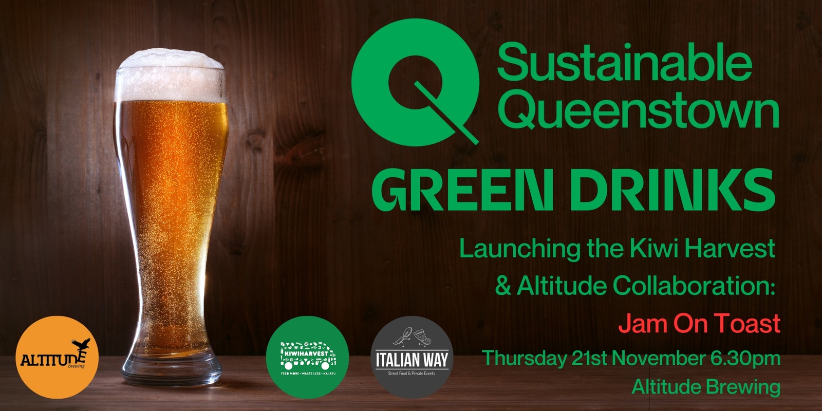 Banner image for Green Drinks: Kiwi Harvest and Altitude Brewing 'Jam on Toast' Beer Launch 