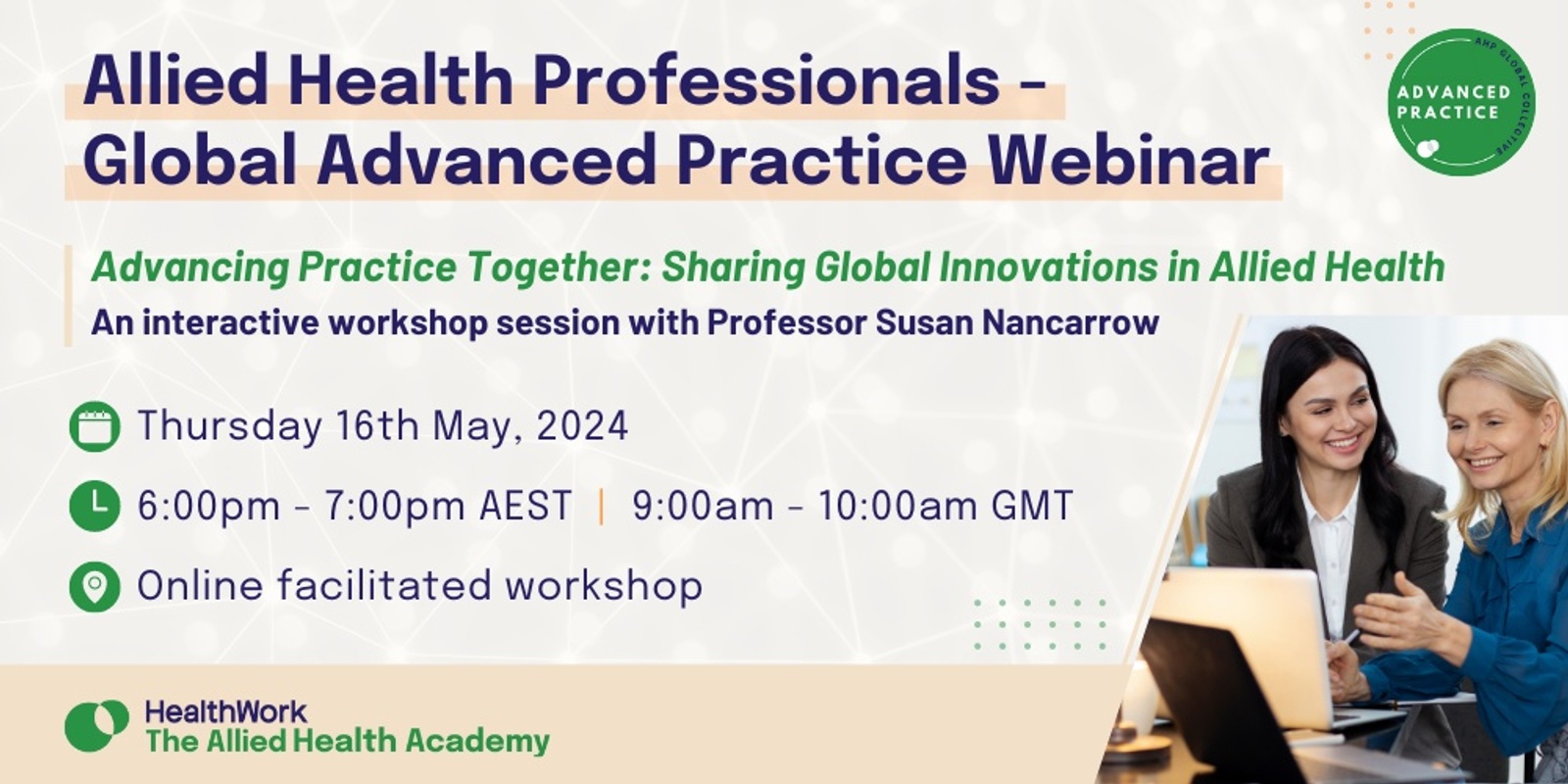 Banner image for AHP Advanced Practice Collective Webinar: Advancing Practice Together: Sharing Global Innovations in Allied Health 