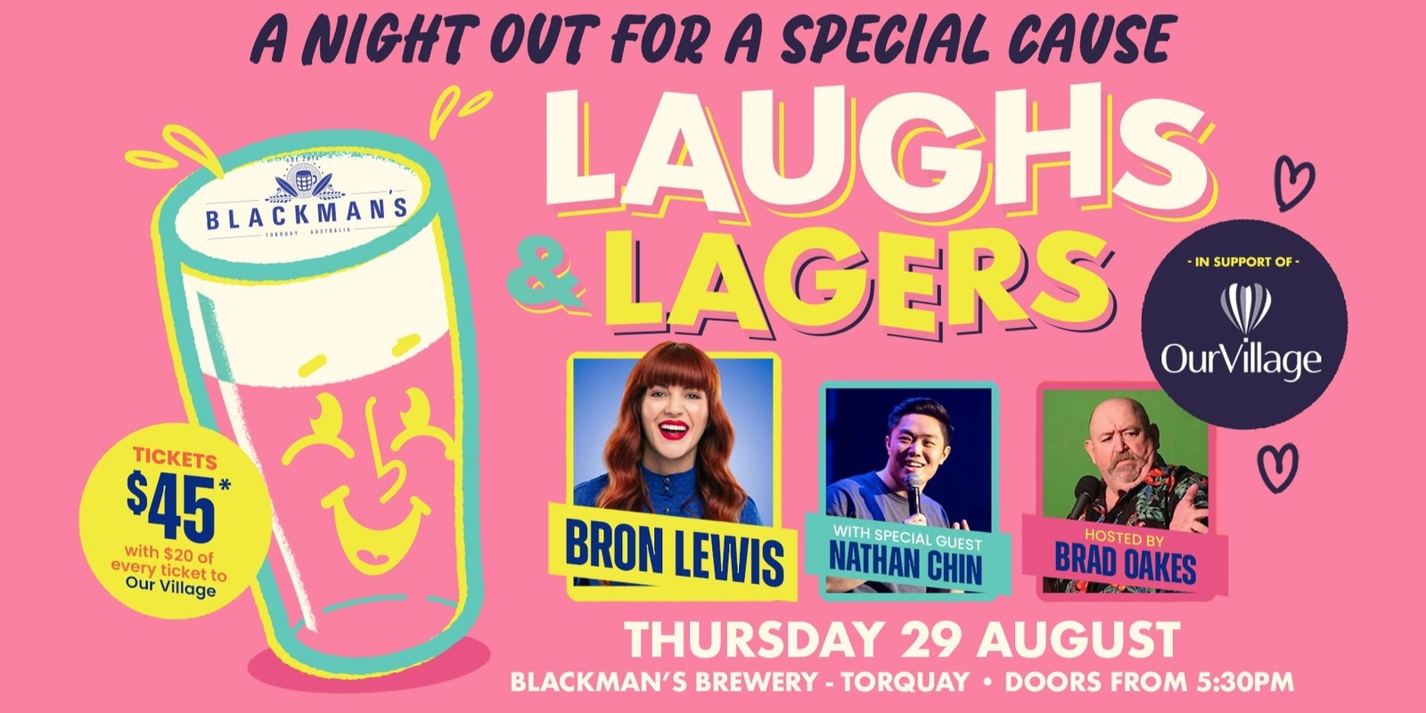Banner image for Laughs & Lagers: Comedy Night for a Cause, Our Village. With headliner Bron Lewis.
