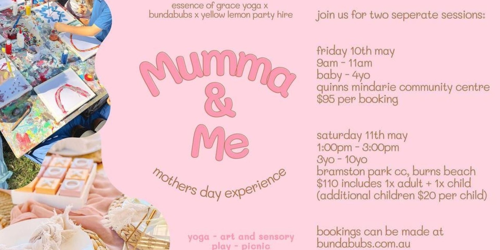 Banner image for Mumma & Me Mother's Day Experience Yoga Art Picnic Burns Beach