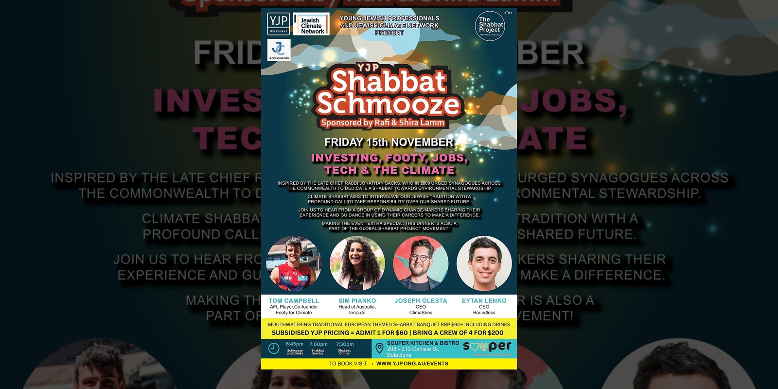 Banner image for Shabbat Project Schmooze "INVESTING, FOOTY, JOBS, TECH & THE CLIMATE" Collab with Jewish Climate Network