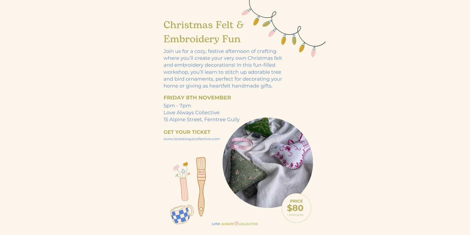 Banner image for Christmas Felt & Embroidery Fun – Make Your Own Tree & Bird Decorations!