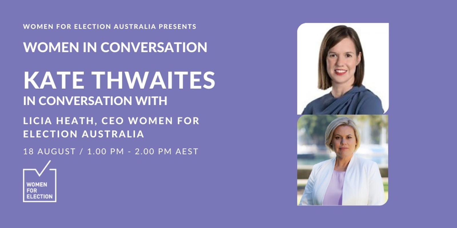 Banner image for Women for Election In Conversation with Kate Thwaites | 18 August 2021
