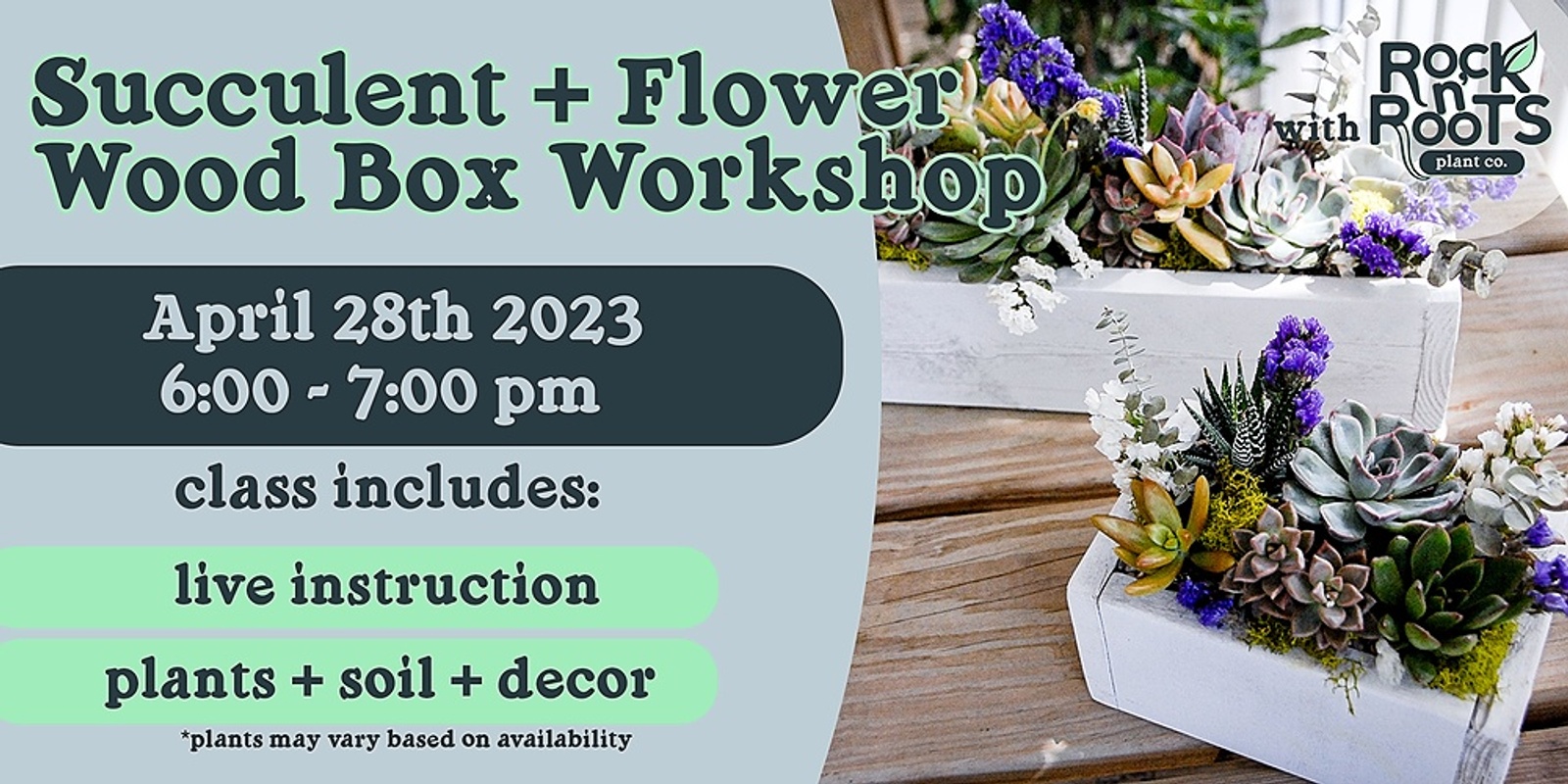 Banner image for Succulent + Flower Wood Box Workshop at Rock n' Roots Plant Co. (Pawleys Island, SC)