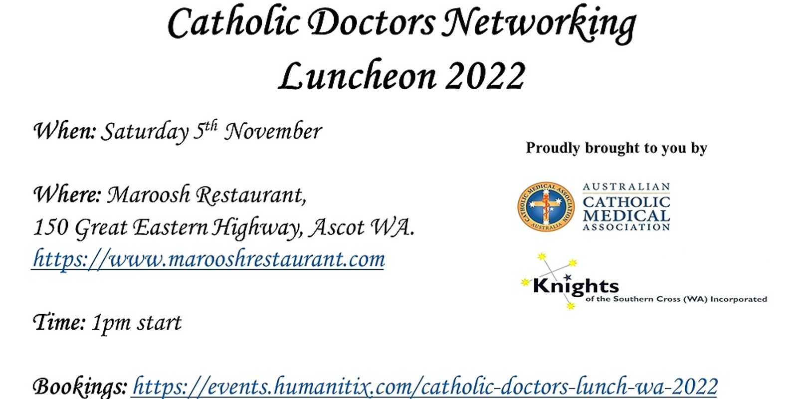 Banner image for Catholic Doctors Networking Luncheon - Western Australia - 5 November 2022