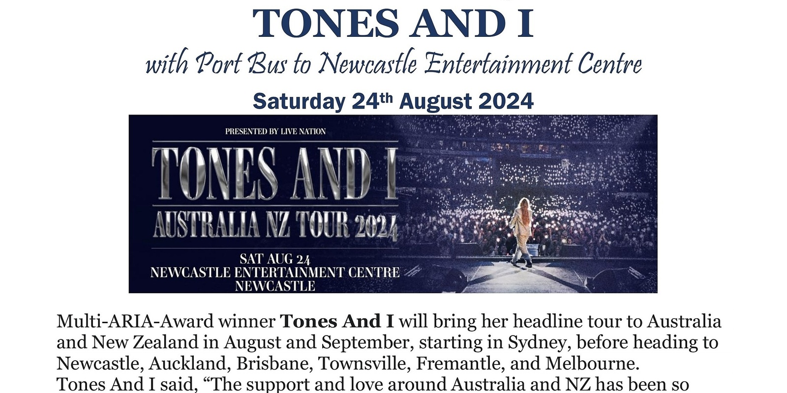 Banner image for Tones & I with Port Bus to Newcastle