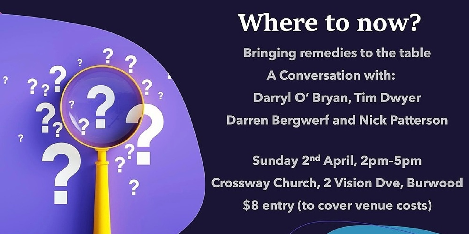 Banner image for Where to now?  Bringing remedies to the table.  A Conversation with Darryl O'Bryan, Tim Dwyer, Darren Bergwerf & Nick Patterson
