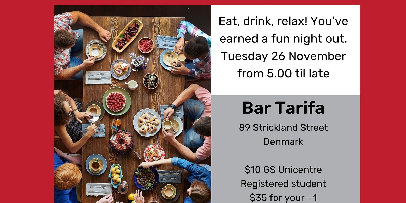 Banner image for End of Year Tapas Night - Bar Tarifa | Great Southern Universities Centre