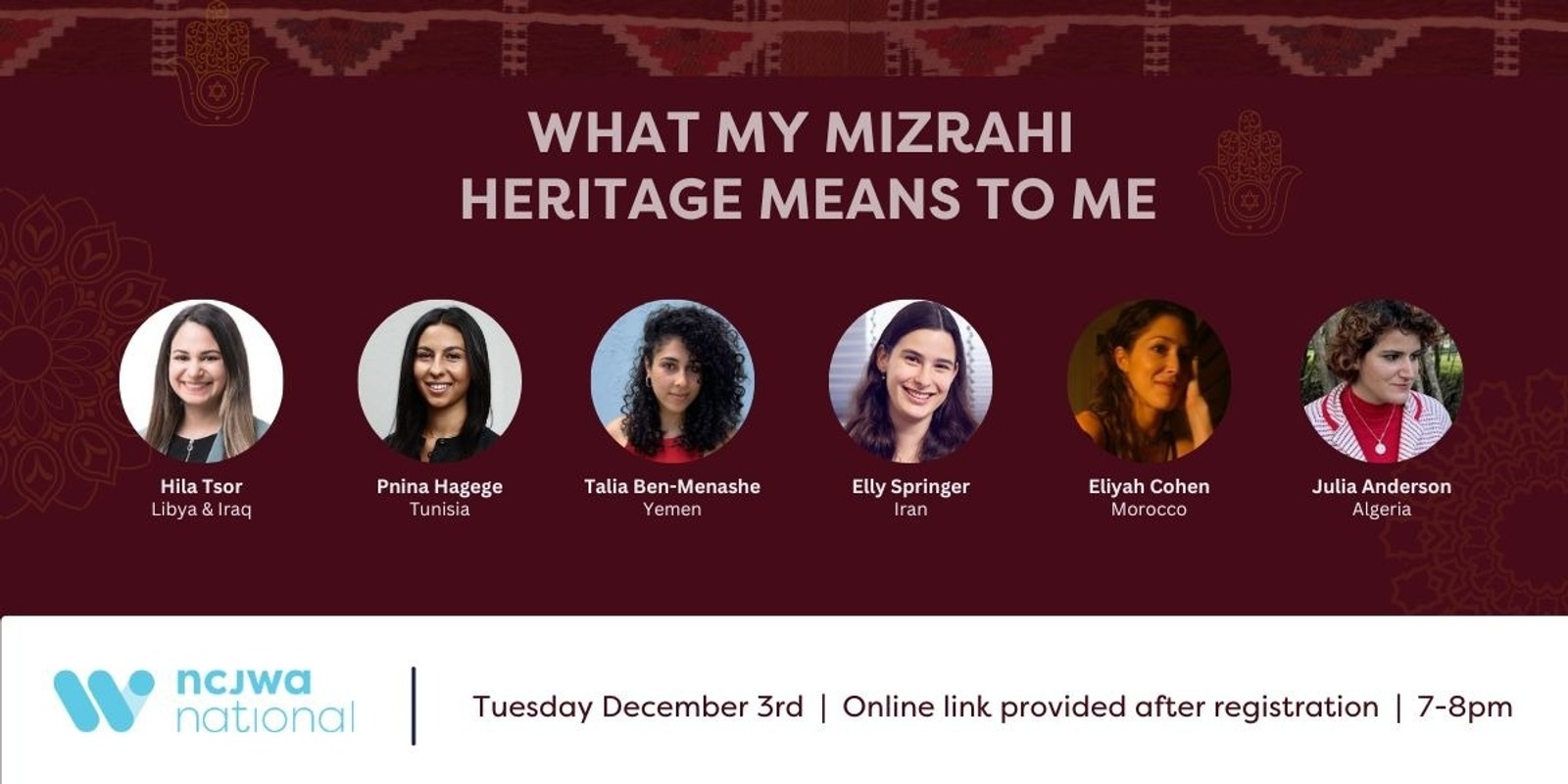 Banner image for NCJWA Women's Voices Webinars: Beyond Seinfeld to Zhug - What my Mizrahi heritage means to me