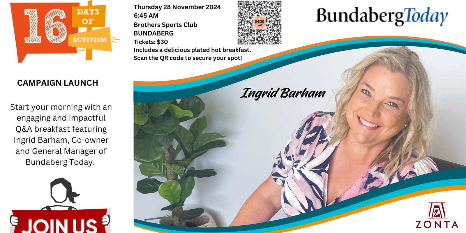 Banner image for 2024 Zonta Bundaberg - 16 Days of Activism Campaign Official Launch Breakfast