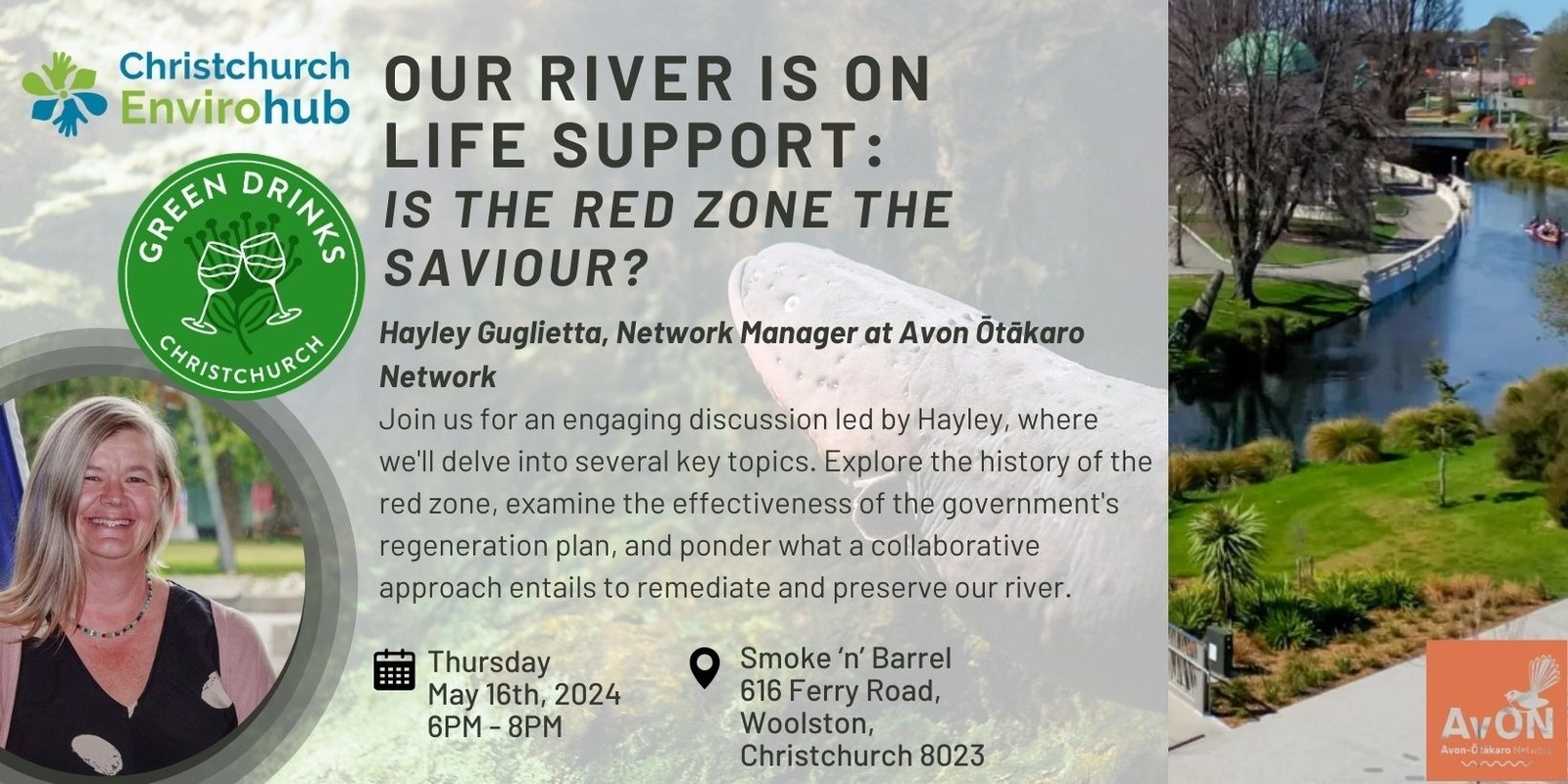 Banner image for Green Drinks: Our River is on Life Support - Is the Red Zone the Saviour?