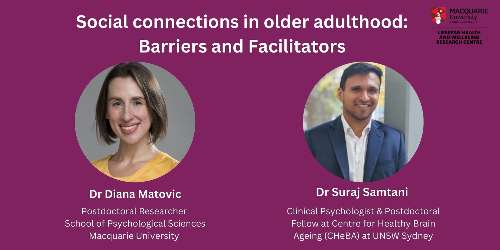 Banner image for Lifespan Health and Wellbeing Research Centre Symposium | Social connections in older adulthood: Barriers and Facilitators