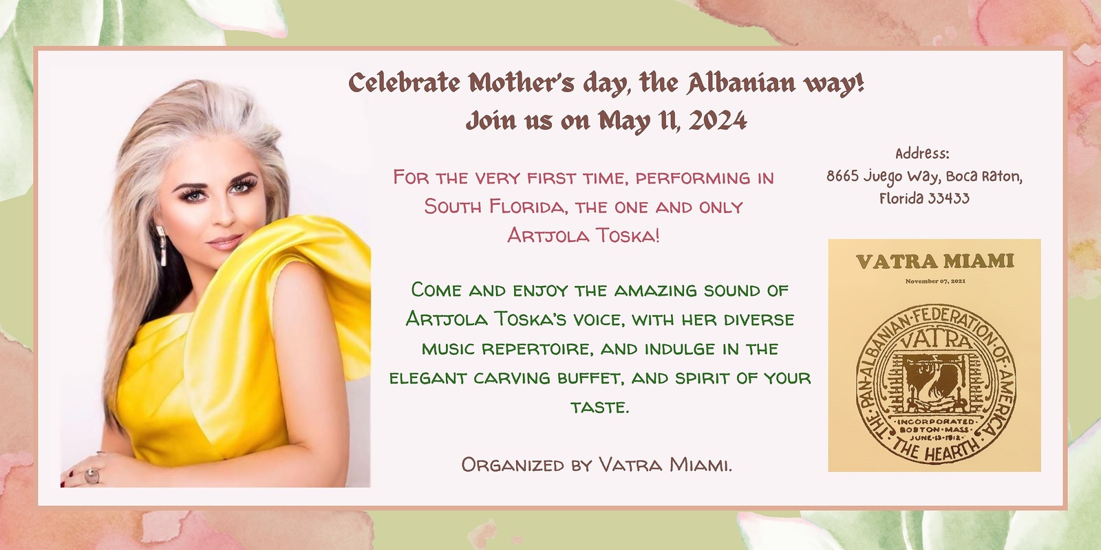 Banner image for Mother's Day Celebration with the one and only, Artjola Toska !