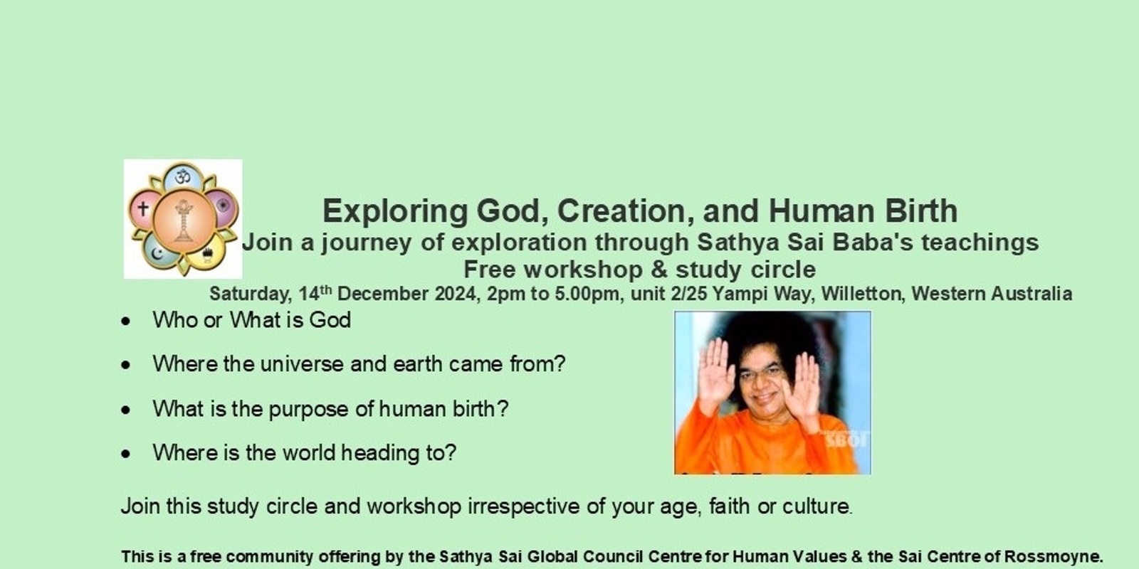 Banner image for Exploring God, Creation and Human Birth - Join us on a journey of exploration through Sathya Sai Baba's teachings