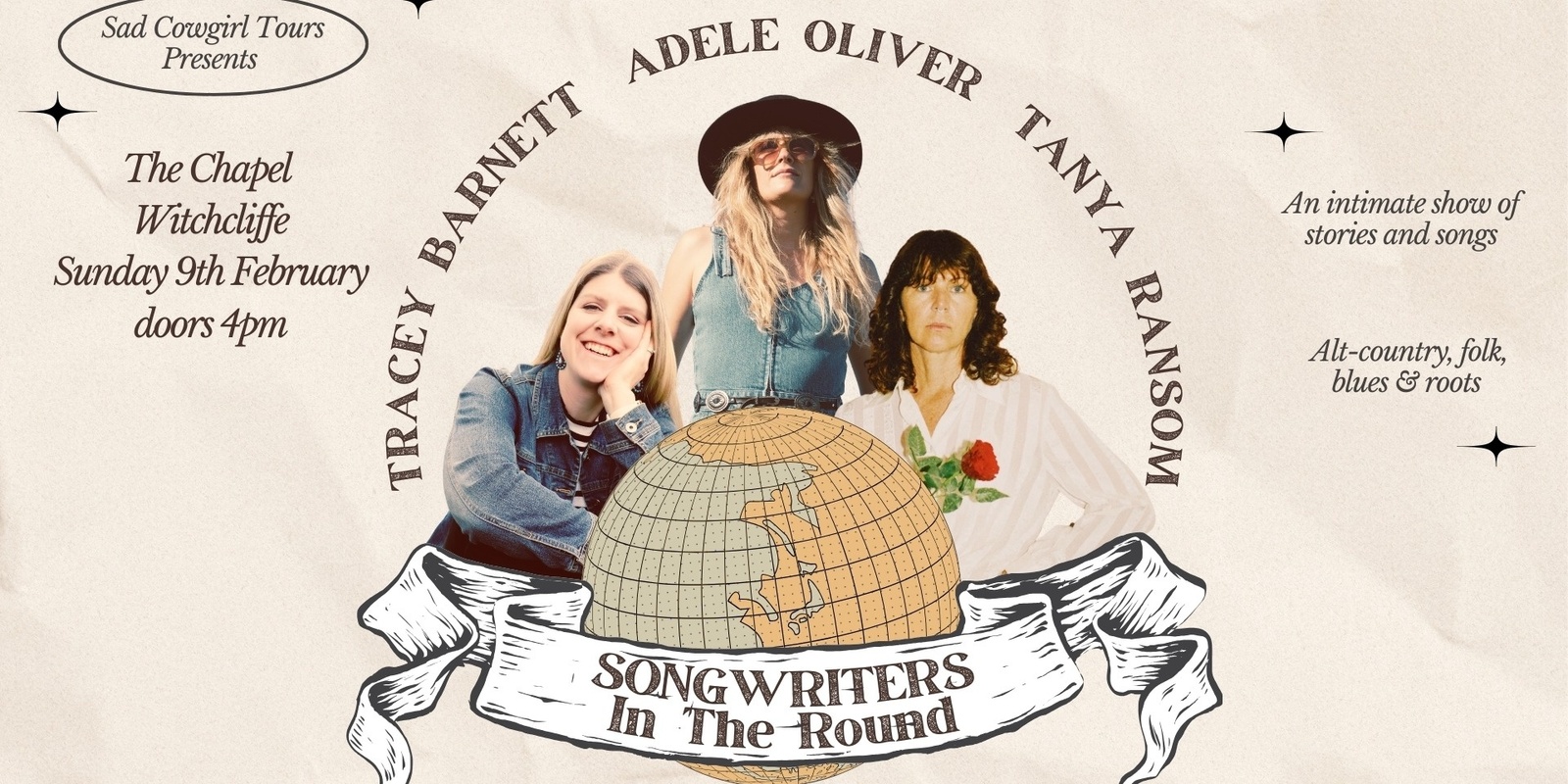 Banner image for Songwriters in the Round - Tracey Barnett, Adele Oliver & Tanya Ransom at The Chapel, Witchcliffe