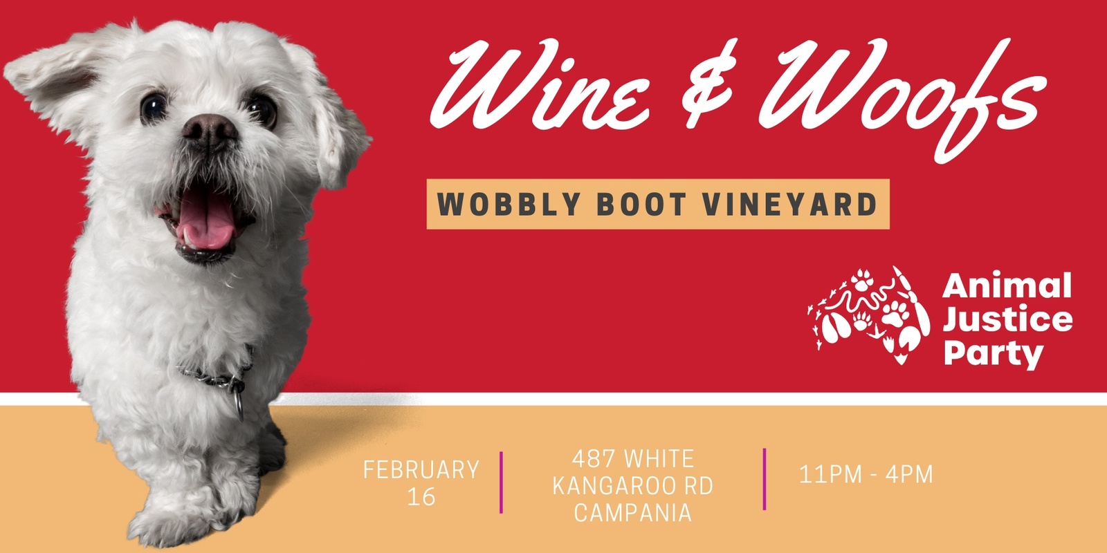 Banner image for Wine and Woofs - Animal Justice Party Tasmania Fundraiser at Wobbly Boot Vineyard, Campania - 2025