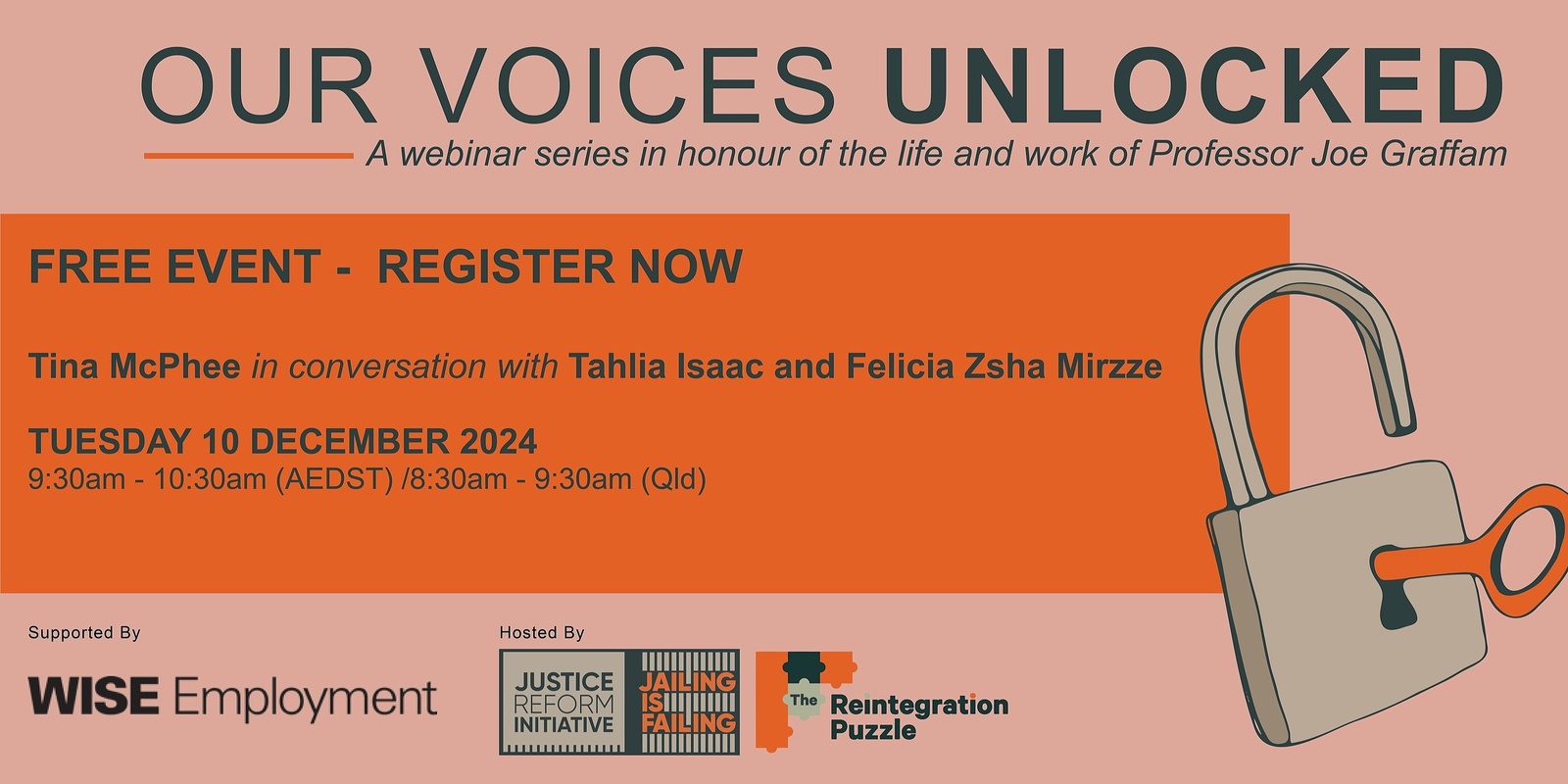 Banner image for Our Voices Unlocked - Tina McPhee in conversation with Tahlia Isaac and Felicia Zsha Mirzze