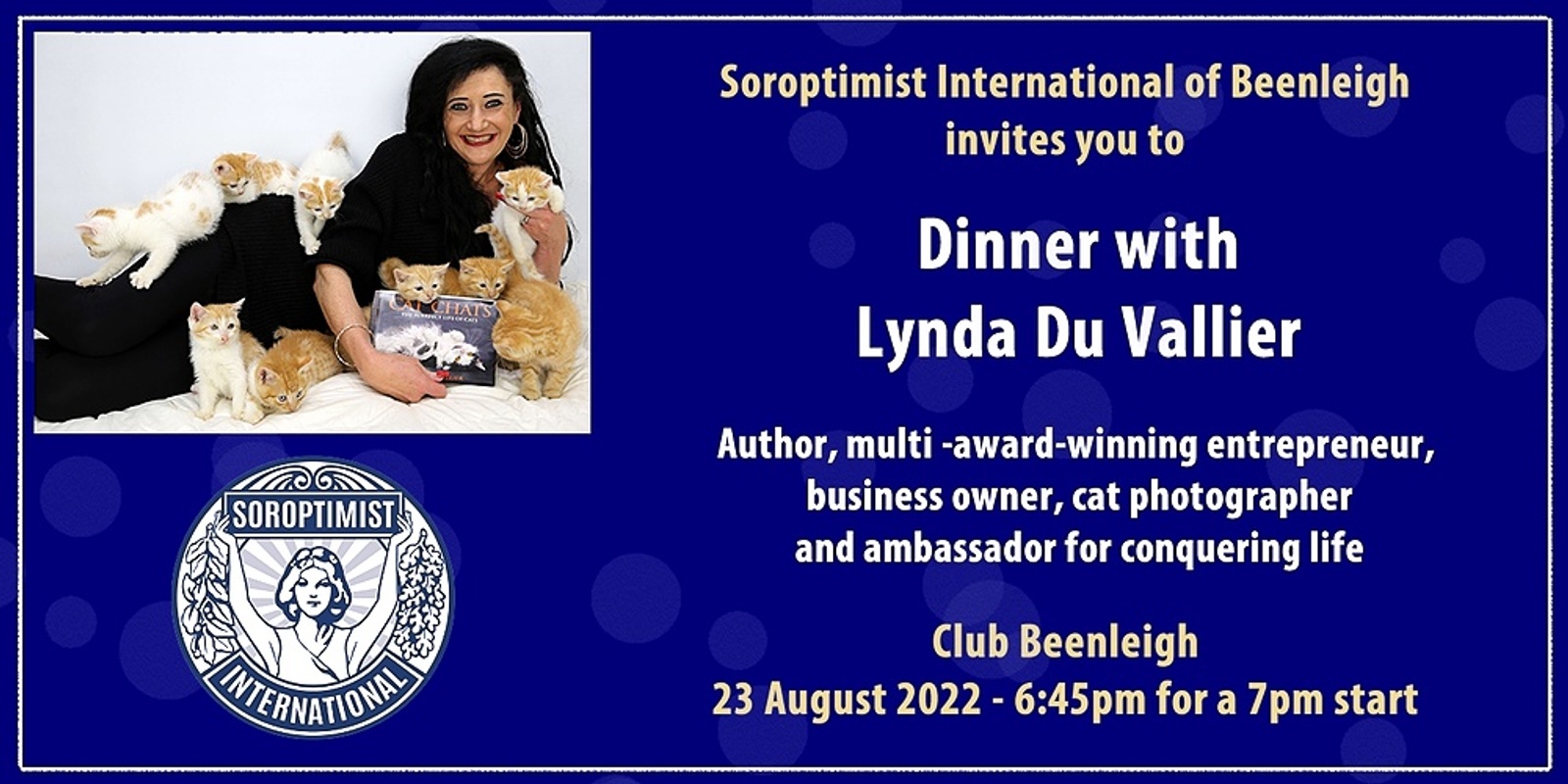 Banner image for Dinner with entrepreneur, author and cat photographer Lynda Du Vallier