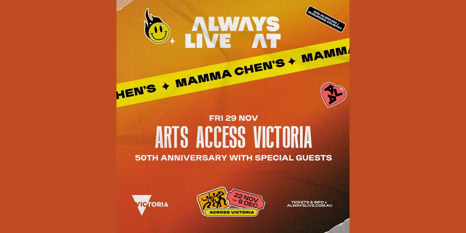 Banner image for ALWAYS LIVE AT Mamma Chen’s with Arts Access Victoria ‘Celebrating AAV’s 50th Anniversary’