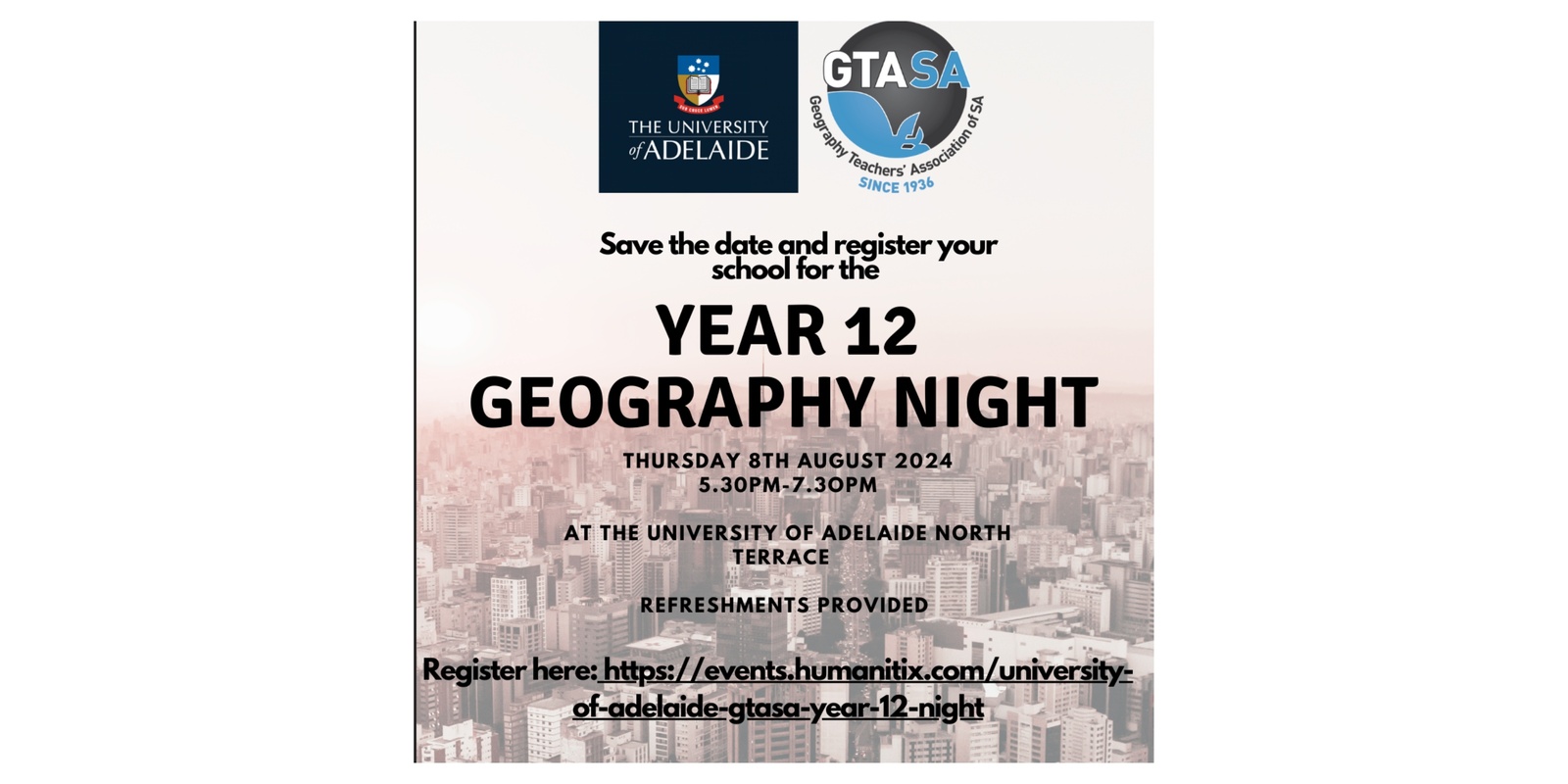Banner image for University of Adelaide/GTASA Year 12 Geography Night 2024
