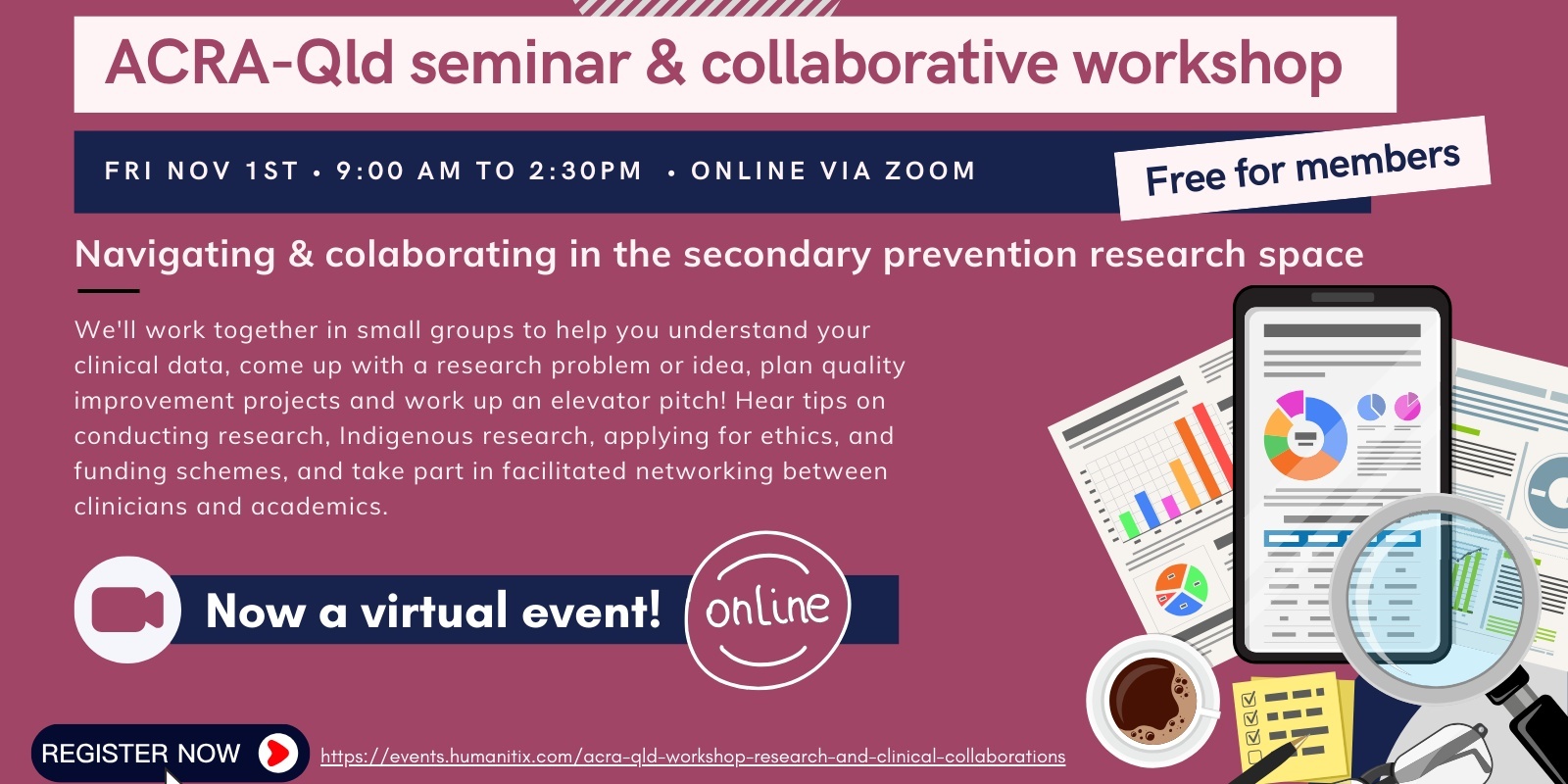 Banner image for ACRA-Qld 2024 Workshop (NOW ONLINE ONLY): Research and Clinical Collaboration "Navigating the secondary prevention research space"