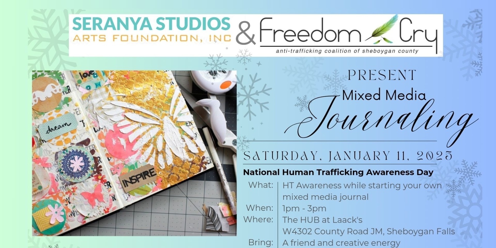 Banner image for Mixed Media Journaling - presented by Freedom Cry & Seranya Studios Arts Foundation