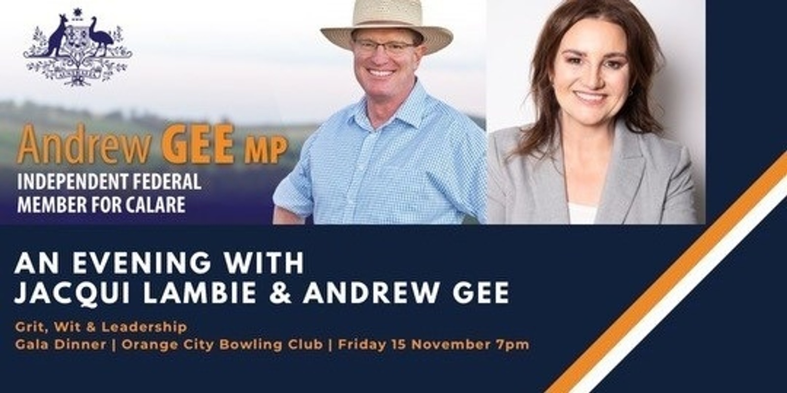 Banner image for A Dinner with Jacqui Lambie & Andrew Gee - Grit, Wit & Leadership