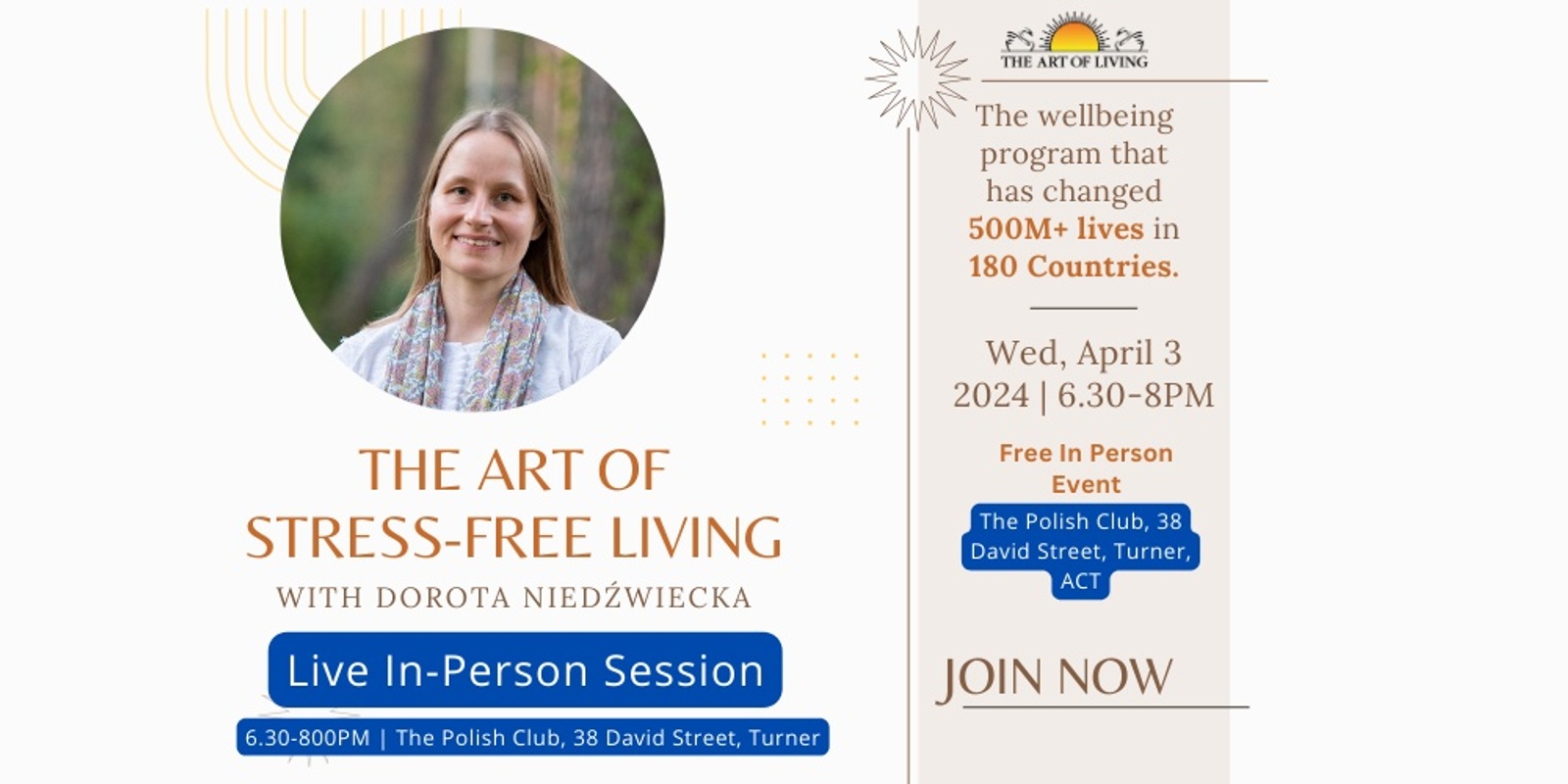 Banner image for The Art of Stress Free Living: An In Person Introduction to the Art of Living in Canberra| Live In Person Event
