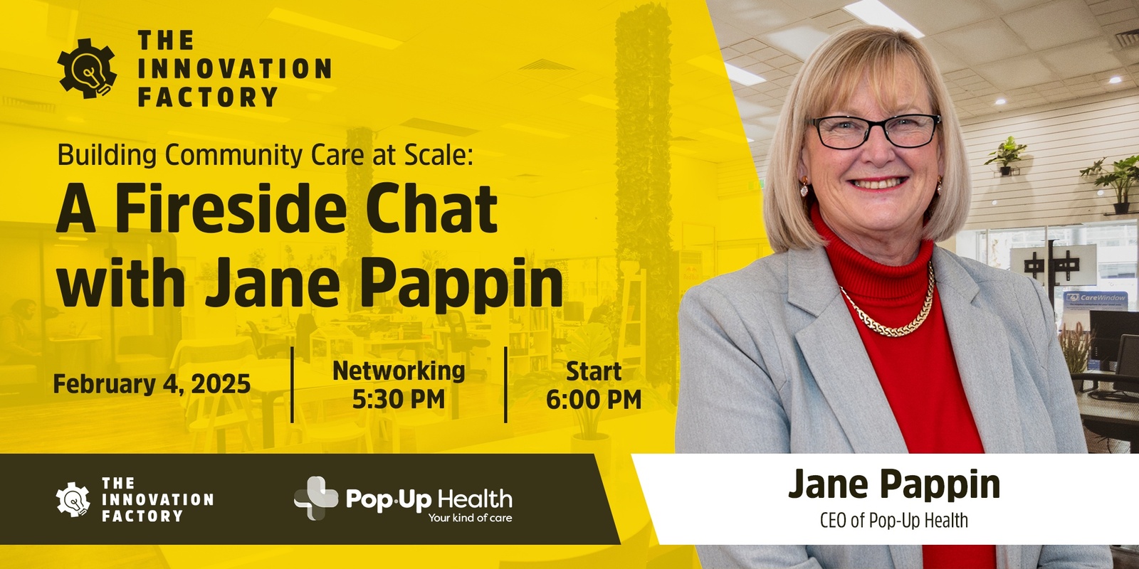 Banner image for Building Community Care at Scale: A Fireside Chat with Jane Pappin, CEO of Pop-Up Health