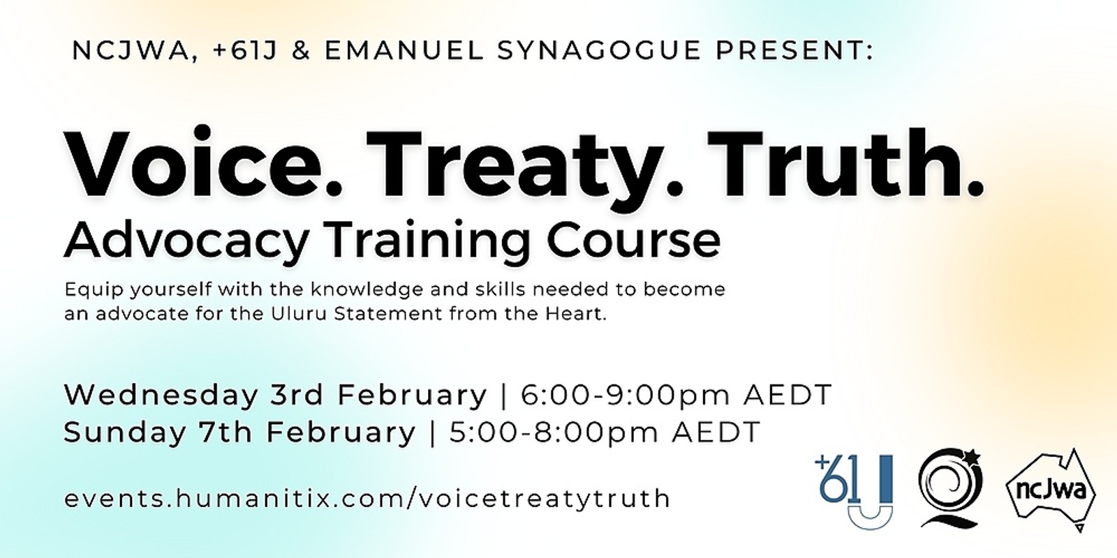 Banner image for Voice. Treaty. Truth. Advocacy Training Program | NCJWA, +61J & Emanuel Synagogue