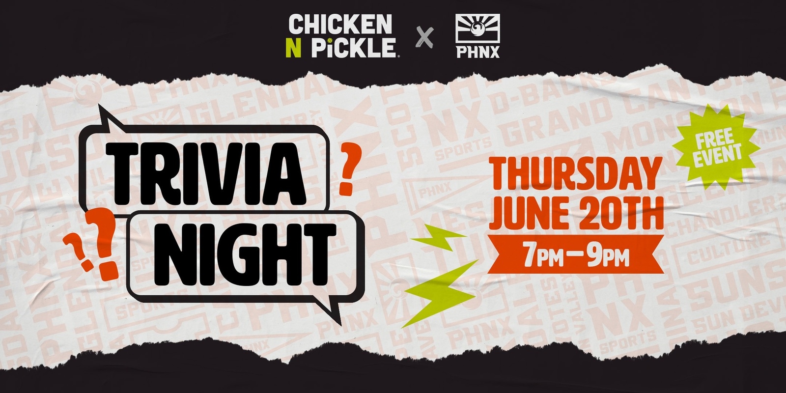 Banner image for PHNX Trivia Night at Chicken N Pickle