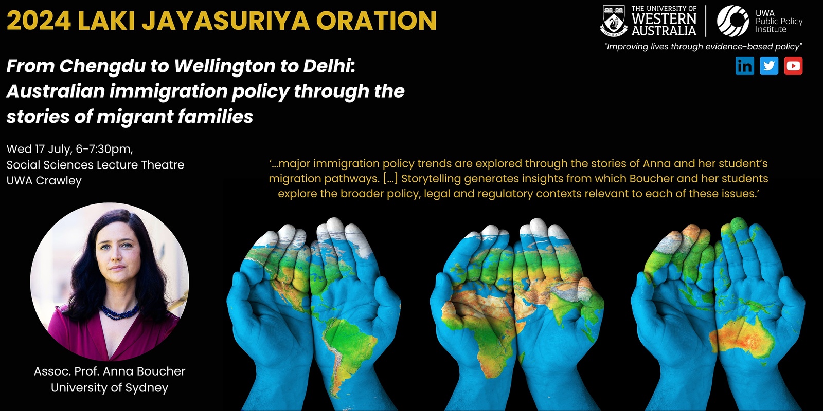 Banner image for 2024 Laki Jayasuriya Oration: From Chengdu to Wellington to Delhi: Australian immigration policy through the stories of migrant families