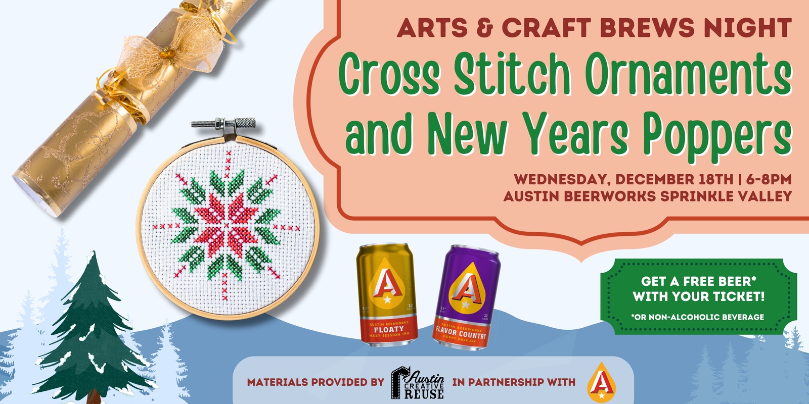 Banner image for Arts & Craft Brews Night at Austin Beerworks: Cross Stitch Ornaments and New Years Poppers