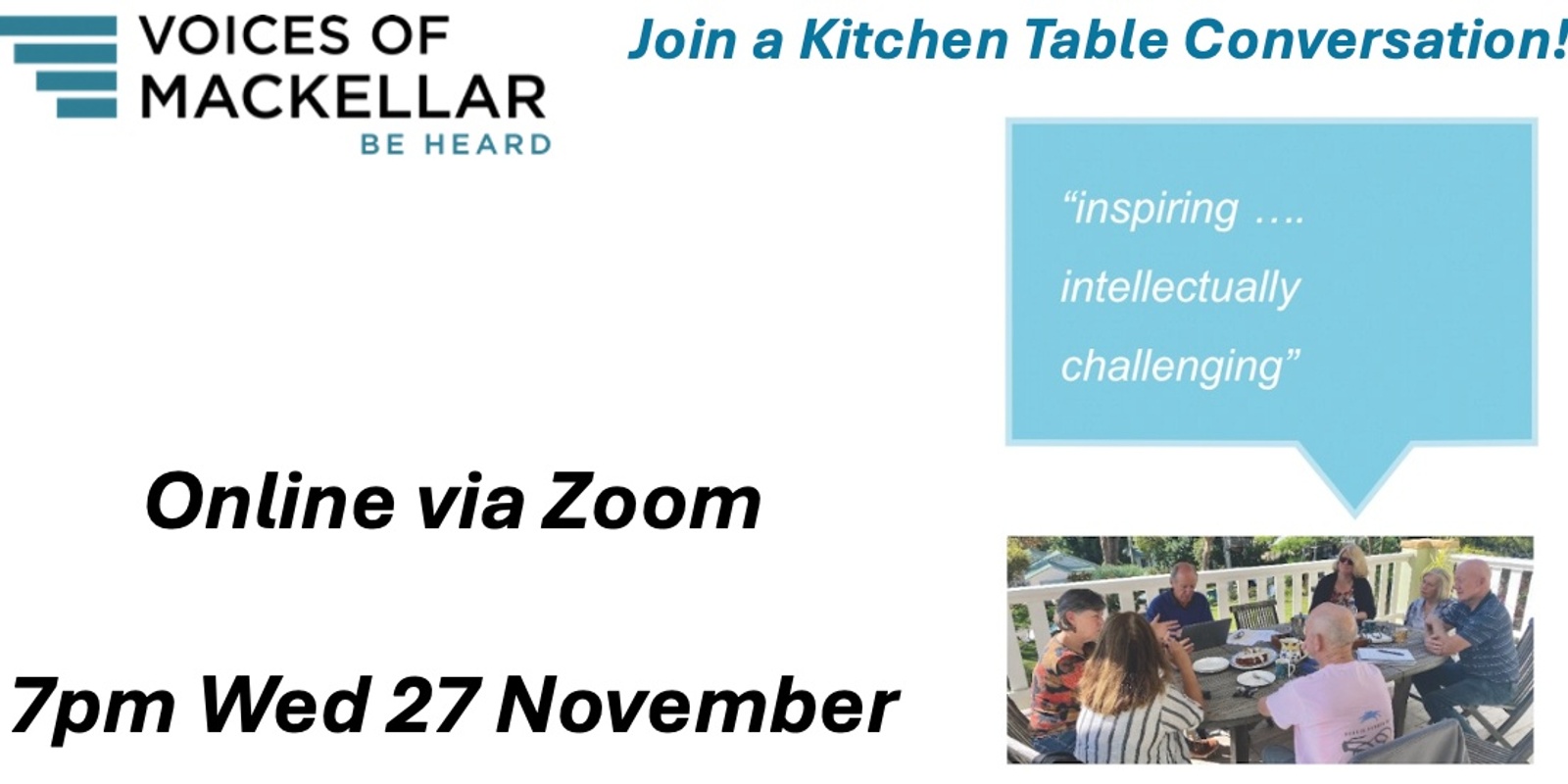 Banner image for Kitchen Table Conversation - Online Wed 27 November 7pm