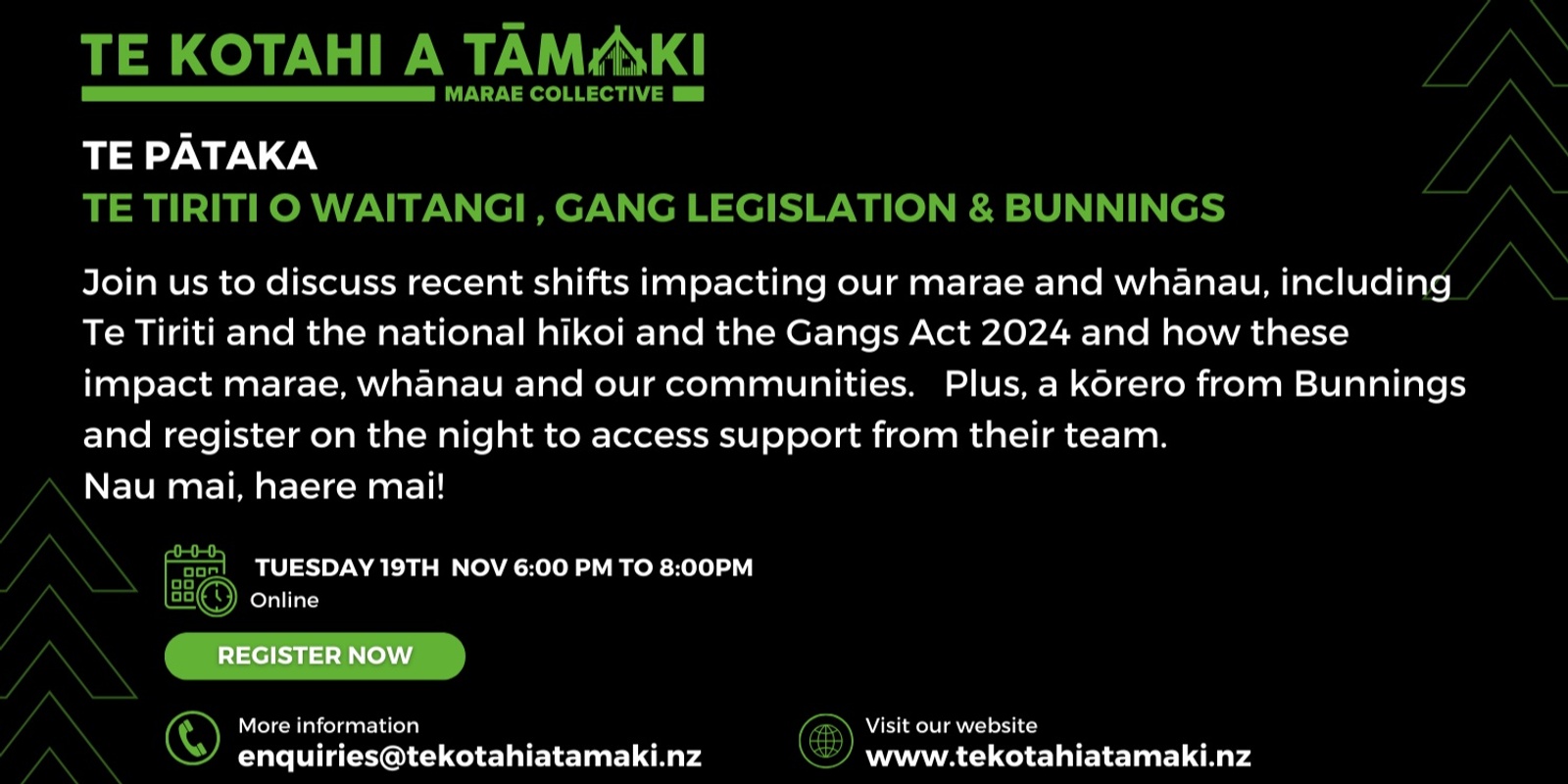 Banner image for Te Pātaka: Te Tiriti, Gang Legislation and available support for Marae from Bunnings 