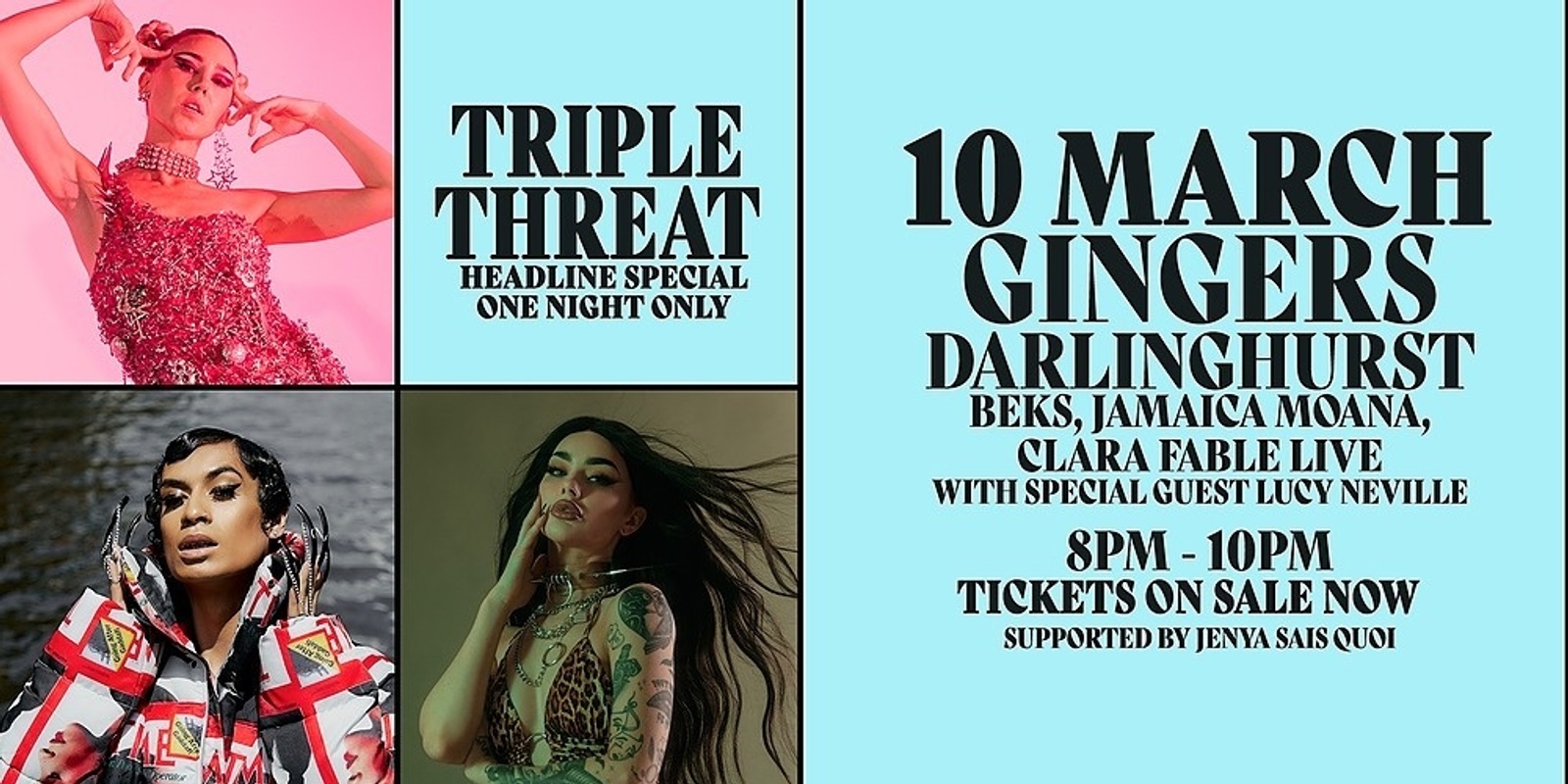 Banner image for Triple Threat: Beks | Jamaica Moana | Clara Fable LIVE